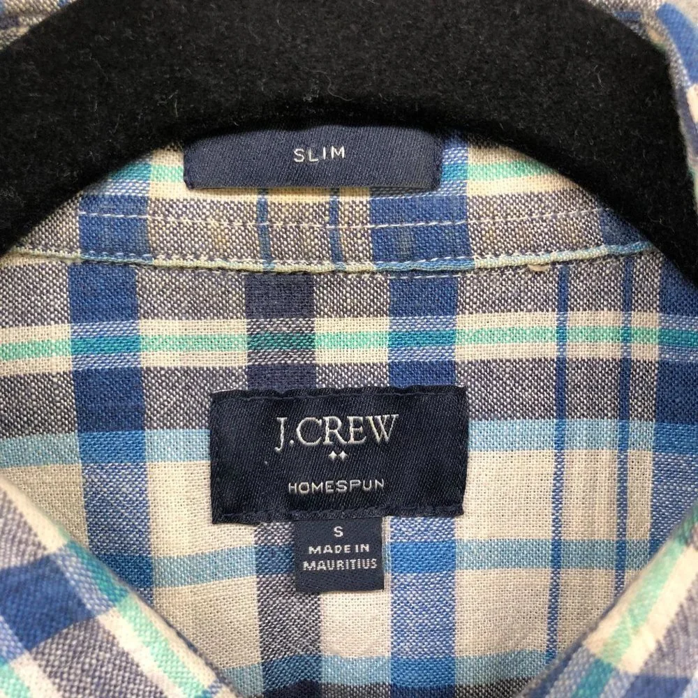 J. Crew Long Sleeve Shirt Mens S Slim‎ Fit Blue Plaid Homespun Slub Cotton